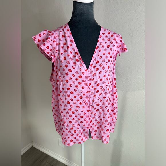 Pink Moon Floral Frill Sleeve Top-SZ 12 pink- ruffle- button up -valentine Linen - Picture 14 of 14